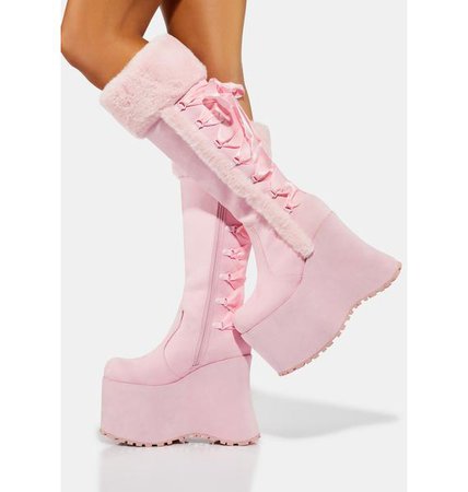 Sugar Thrillz Faux Fur Ribbon Lace Up Knee High Platform Boots - Pink | Dolls Kill