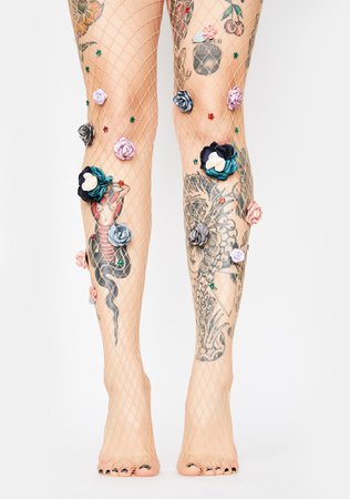 3D Flower Embellished Fishnet Tights - Nude | Dolls Kill