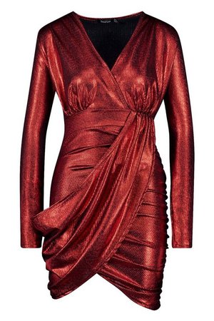 Metallic Wrap Plunge Midi Dress | Boohoo red