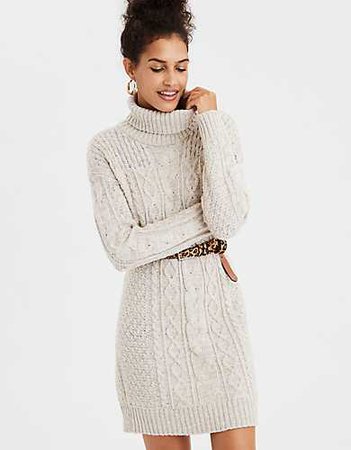 AE Turtleneck Cable Knit Sweater Dress, Oatmeal | American Eagle Outfitters