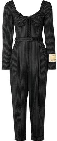 Lace-up Pinstriped Wool-blend Jumpsuit - Black