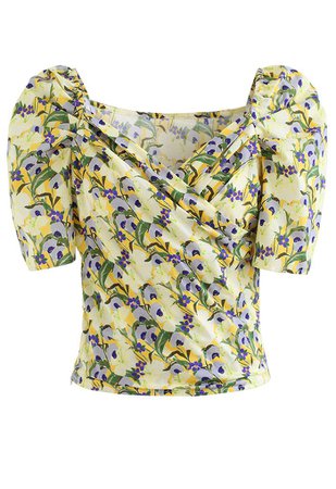 Cross Front Floral Crop Top in Yellow - Retro, Indie and Unique Fashion