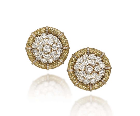 PAIR OF DIAMOND AND COLOURED DIAMOND EAR CLIPS, MOUNTED BY CARTIER