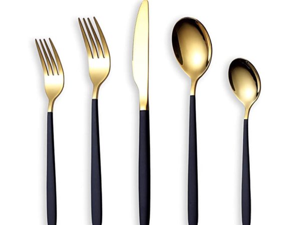 HOMQUEN 20-Piece Silverware Flatware Cutlery Set,Stainless Steel Utensils Service Set for 4,Mirror Finish,Dishwasher Safe(Shining Golden Spoon and Matt Black Handle)