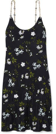Chain-embellished Embroidered Satin Mini Dress - Black
