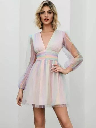 Double Crazy Plunging Neck Rainbow Mesh Skater Dress | SHEIN USA