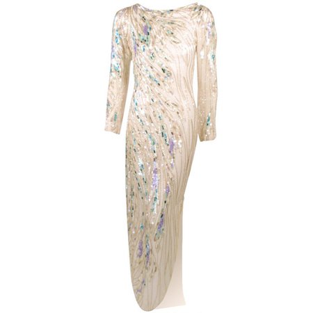 Bob Mackie White Long Sleeve Gown, Beaded and Sequins For Sale at 1stdibs