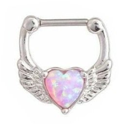 Pink opal heart silver septum ring