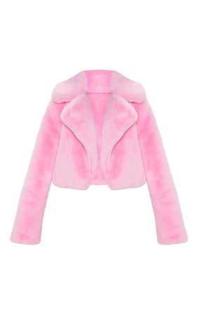 prettylittlething pink faux fur crop jacket