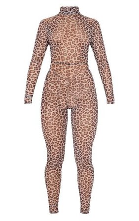 Brown Leopard Mesh Jumpsuit | PrettyLittleThing