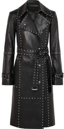 Studded Leather Trench Coat - Black