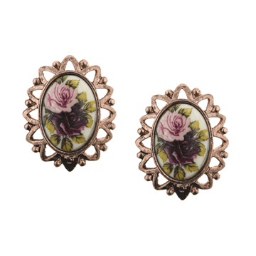 1928 Jewelry Rose Gold Tone Purple Flower Oval Button Earrings