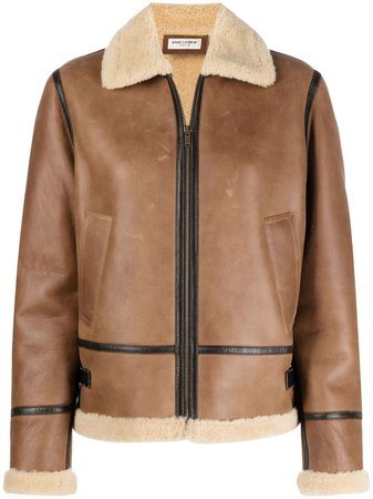 Shop Saint Laurent shearling-trim leather jacket with Express Delivery - FARFETCH