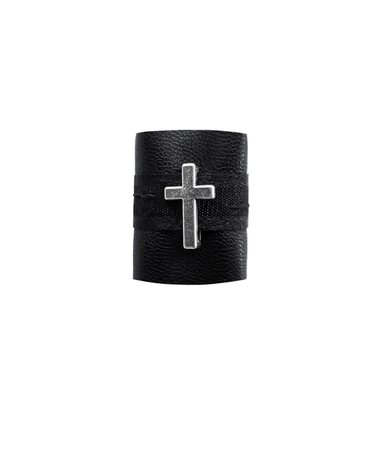 Cross ring black matte vegan leather ring band with metal cross in antique silver, Rannka Armor