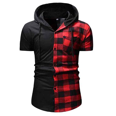 TANGSen_Mens Plaid Casual Pullover Hooded Top Short Sleeve Shirt Top Button Summer Fashion Blouse Red at Amazon Men’s Clothing store