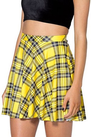 Yellow Plaid Print Elastic Waist Pleated Skirt