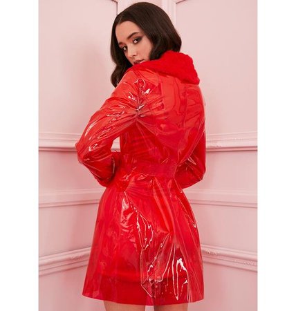 Sugar Thrillz Clear Red Faux Fur Trim Belted Trench Coat | Dolls Kill