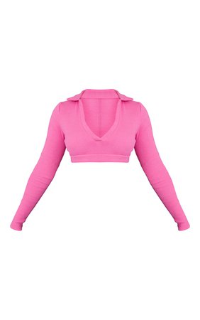 Hot Pink Rib Long Sleeve Elastic Hem Crop Top | PrettyLittleThing USA