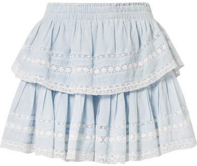 Riviera Tiered Crochet-trimmed Cotton-voile Mini Skirt - Sky blue