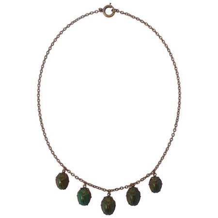 Vintage Gold Tone Real Iridescent Green Scarab Beetle Drop Necklace, circa 1920s For Sale at 1stdibs