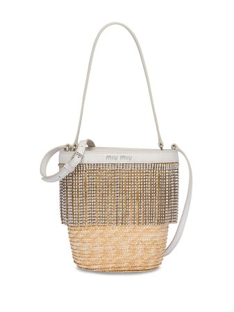 Miu Miu crystal-embellished straw bucket bag