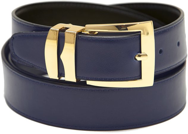 Men's Belt Reversible Wide Bonded Leather Gold-Tone Buckle BLACK/Navy Blue