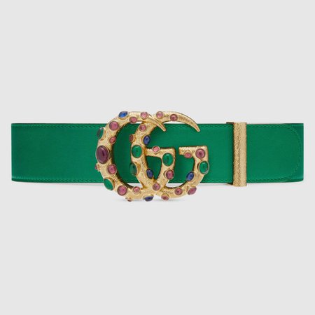 Emerald Green Leather Belt With Crystal Double G Buckle | GUCCI® US