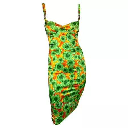 S/S 2005 Versace by Donatella Sample Orange Green Floral Satin Bodycon Dress For Sale at 1stDibs