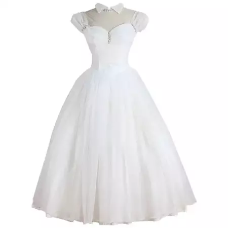 Vintage 1950s White Tulle Beaded Wedding Dress For Sale at 1stDibs | vintage beaded wedding dress
