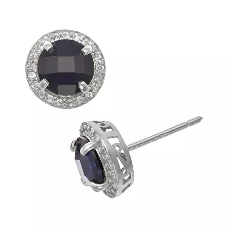 Sterling Silver Lab-Created Sapphire & Lab-Created White Sapphire Halo Stud Earrings