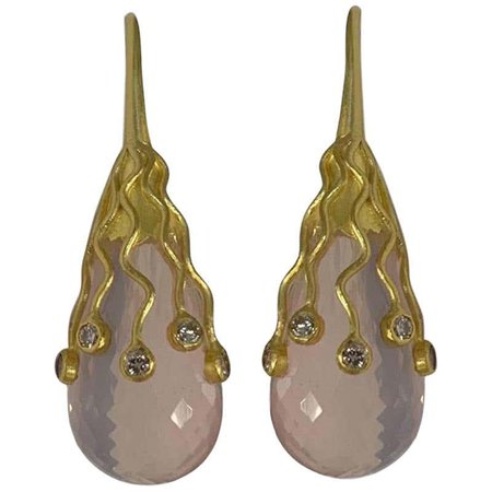 Rose Quarts and Diamond Streamers, Drop Earrings in 18 Karat Gold A2 by Arunashi For Sale at 1stDibs