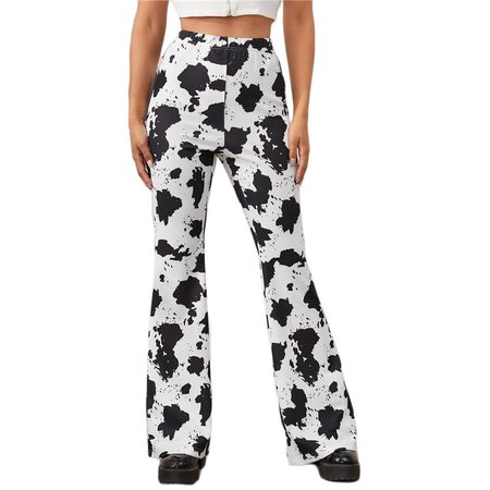 SHEIN Black and White Elastic Waist Cow Print Flare Leg Pants Women Autumn Elegant Long Trousers High Waist Skinny Pants