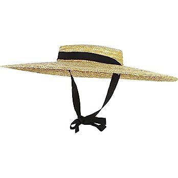 Jelord Women Vintage Wide Brim Boater Straw Hat Flat Top Floppy Derby Sun Hat Beach Straw Hats/Brim:13cm Beige at Amazon Women’s Clothing store