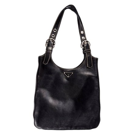 1990s Prada Handbag Black Lambskin Leather Shoulder Hobo Bag With Buckles For Sale at 1stdibs