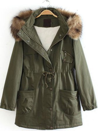 Army Green Detachable Fur Trimmed Hood Lined Parka