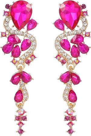 Amazon.com: VANGETIMI Hot Pink Boho Bohemian Rhinestone Statement Drop Dangle Earrings Long Crystal Bridal Wedding Teardrop Chandelier Earrings for Women Prom: Clothing, Shoes & Jewelry