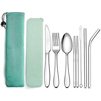 Amazon.com | Travel Utensils, Tifanso Reusable Utensils with Case, Portable Travel Camping Cutlery Set, 9-Piece including Knife Fork Spoon Chopsticks Cleaning Brush Metal Straws, Stainless Steel Flatware Set: Flatware