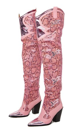 Pink Metallic and Snake Thigh High Western Boots
