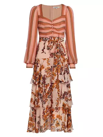 Shop Badgley Mischka Mixed Stripe & Floral Midi-Dress | Saks Fifth Avenue