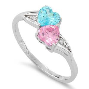 Sterling Silver Double Heart Pink & Blue Topaz CZ Ring – Dreamland Jewelry