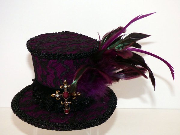Steampunk Mini Hat Purple with Black Lace Feathers Cross | Etsy