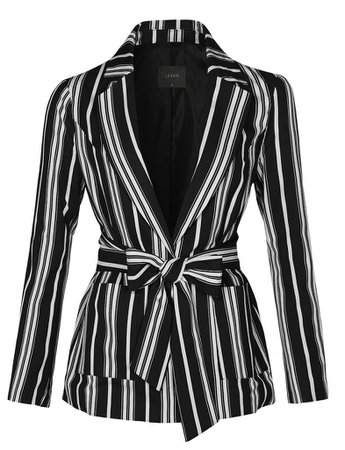Casual Striped Open Front Long Sleeve Blazer Jacket With Self Waist Ti | LE3NO black