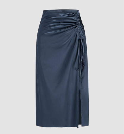 Satin blue drawstring midi skirt