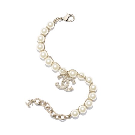 Metal, glass pearls, glass, strass & resin Gold, Pearly White & Crystal Bracelet | CHANEL