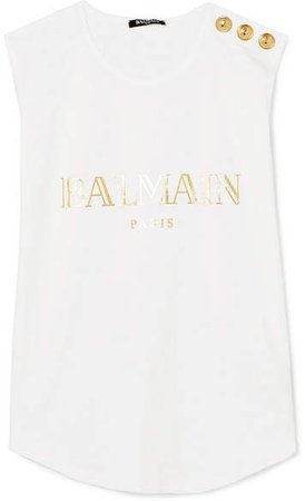 Button-embellished Printed Cotton-jersey Tank - White