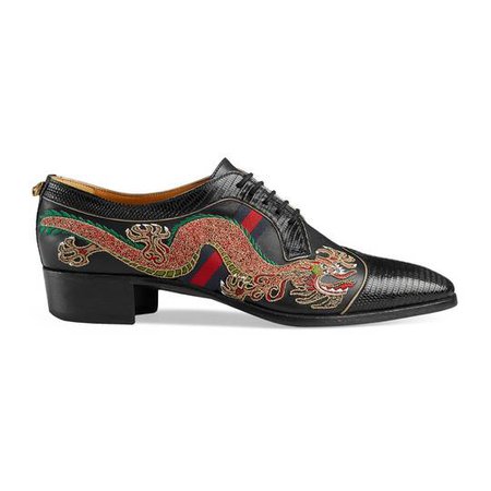 Leather lace-up shoe with dragon - Gucci Men's Lace-ups 510110LUZ601068