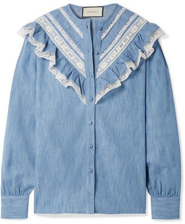 Lace-trimmed Cotton-chambray Shirt - Light blue