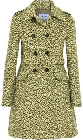 Belted Double-breasted Tweed Coat - Green