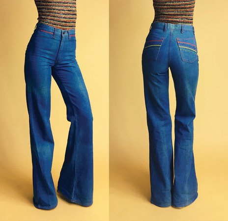 Rainbow 1970's Vintage Primary Color Trim Bellbottom Jeans