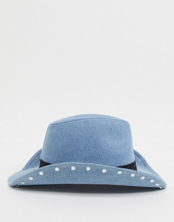 ASOS DESIGN cowboy hat in denim with rhinestone brim in blue | ASOS